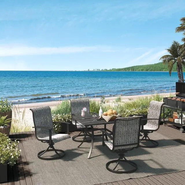 Alt view image 3 of 7 - Grand patio Patio Dining Set for 4, Outdoor Dining Set with 4-Piece Mesh Sling Swivel Patio Rocking Chairs, 1-Piece Square Woodgrain Dining Table with 1.5'' Umbrella Hole, Black & Grey Plaid