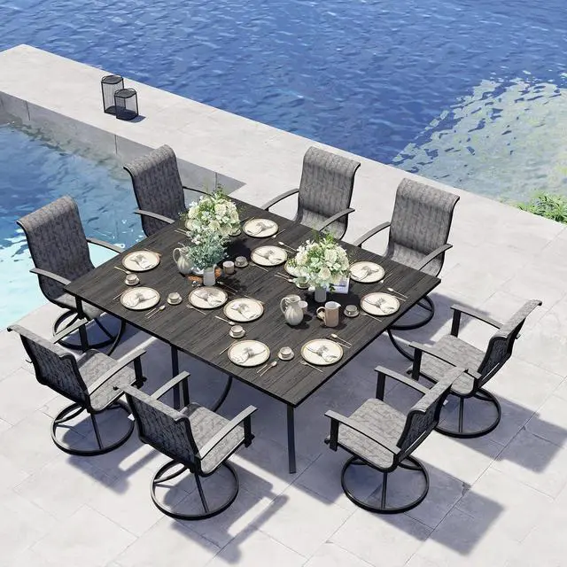 Main image of Grand patio 10-Piece Patio Dining Set for 8, Outdoor Dining Set with Swiviel Patio Chairs & 1 Rectangular Woodgrain Dining Table with Umbrella Hole, Black & Grey Plaid