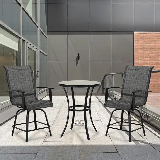 Alt view image 2 of 7 - Grand patio Outdoor 3-Piece Swivel Bar Set, Counter Height Stools with Ceramic Bar Table for Balcony, Poolside, Backyard, Garden (Black&Grey Plaid, 3PC)