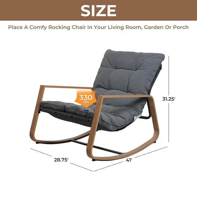 Alt view image 2 of 7 - Grand patio Outdoor Rocking Chair with Cushion and Armrest, Dark Grey | 30° Smooth Gliding Motion,Comfortable Padded Seat-Easy Assembly, Living Room, Balcony, Porch, Patio, Garden, Lawn -Dark Grey
