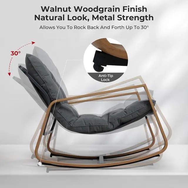 Alt view image 3 of 7 - Grand patio Outdoor Rocking Chair with Cushion and Armrest, Dark Grey | 30° Smooth Gliding Motion,Comfortable Padded Seat-Easy Assembly, Living Room, Balcony, Porch, Patio, Garden, Lawn -Dark Grey
