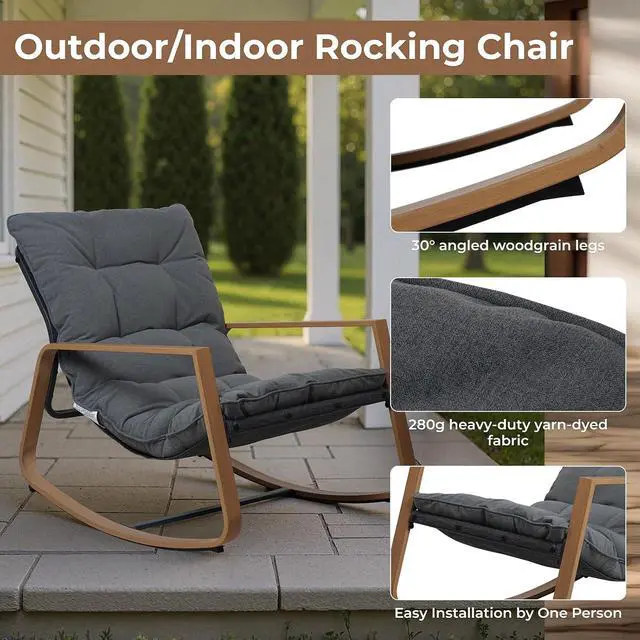 Alt view image 6 of 7 - Grand patio Outdoor Rocking Chair with Cushion and Armrest, Dark Grey | 30° Smooth Gliding Motion,Comfortable Padded Seat-Easy Assembly, Living Room, Balcony, Porch, Patio, Garden, Lawn -Dark Grey