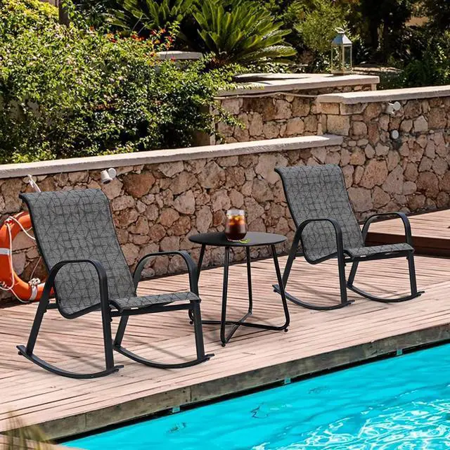Alt view image 2 of 6 - Grand patio Outdoor Rocking Bistro Set, Patio Rocking Chair Set of 3 for Front Porch Garden Patio Backyard (Black & Grey Plaid)