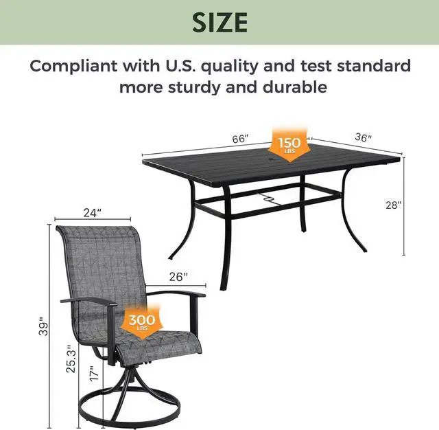 Alt view image 4 of 7 - Grand patio Outdoor Dining Set 7 Piece, Outdoor Table and Chairs Set, 6 Padded Mesh Sling Swivel Rocker Chair & 66'' x 36'' Large Rectangular Metal Dining Table, Mixed Coffee