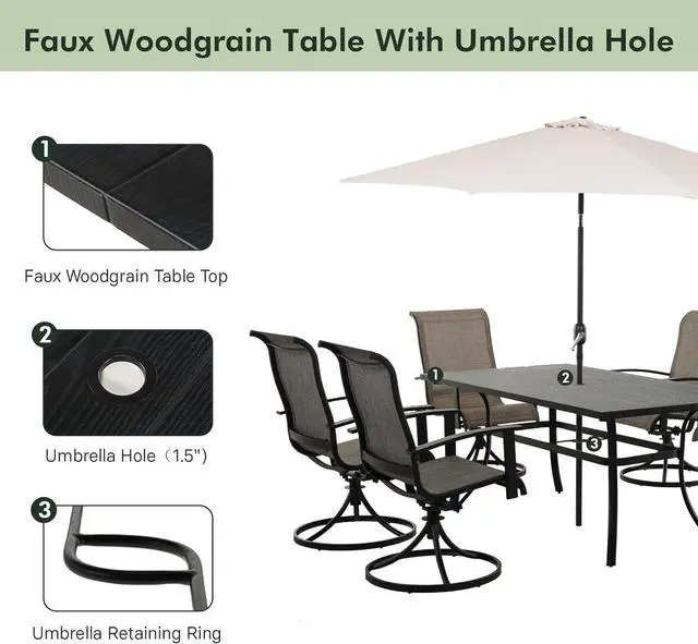 Alt view image 2 of 7 - Grand patio Outdoor Dining Set 7 Piece, Outdoor Table and Chairs Set, 6 Padded Mesh Sling Swivel Rocker Chair & 66'' x 36'' Large Rectangular Metal Dining Table, Mixed Coffee