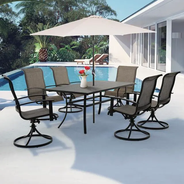 Alt view image 7 of 7 - Grand patio Outdoor Dining Set 7 Piece, Outdoor Table and Chairs Set, 6 Padded Mesh Sling Swivel Rocker Chair & 66'' x 36'' Large Rectangular Metal Dining Table, Mixed Coffee