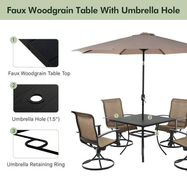Alt view image 3 of 7 - Grand patio Outdoor Dining Set of 5, Outdoor Table and Chairs Set, 4 Padded Mesh Sling Swivel Rocker Patio Chair & 36'' x36'' Square Dining Table(1.5'' Umbrella Hole), Mixed Coffee