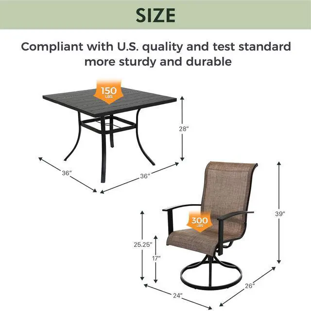 Alt view image 5 of 7 - Grand patio Outdoor Dining Set of 5, Outdoor Table and Chairs Set, 4 Padded Mesh Sling Swivel Rocker Patio Chair & 36'' x36'' Square Dining Table(1.5'' Umbrella Hole), Mixed Coffee