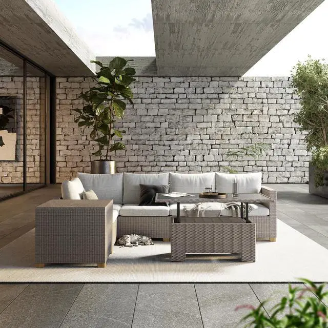 Alt view image 3 of 7 - Grand patio 5 Pieces Wicker Modular Sectional Sofa Set, Wicker Patio Furniture Sets with Coffee Dining Table,Adjustable Slat Lift Top for Livingroom Backyard Garden Porch(Greige)