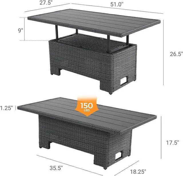 Alt view image 2 of 7 - Grand patio 5 Pieces Wicker Modular Sectional Sofa Set, All-Weather Wicker Patio Furniture Sets with Coffee Dining Table,Adjustable Slat Lift Top for Livingroom Backyard(Greige)