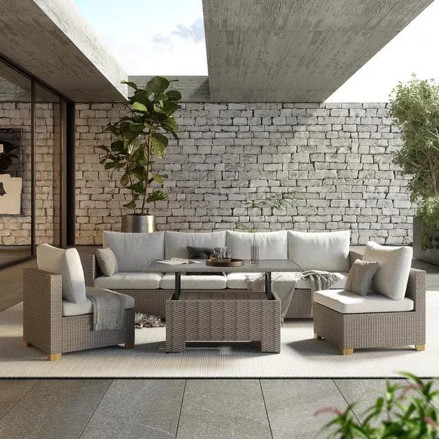 Alt view image 3 of 7 - Grand patio 5 Pieces Wicker Modular Sectional Sofa Set, All-Weather Wicker Patio Furniture Sets with Coffee Dining Table,Adjustable Slat Lift Top for Livingroom Backyard(Greige)