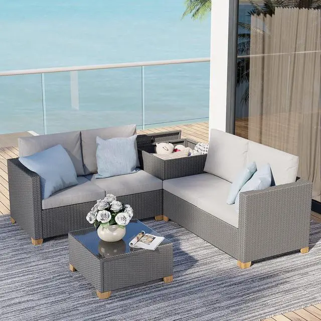 Main image of Grand patio 4 Pieces Wicker Modular Sectional Sofa Set, Indoor & Outdoor Conversation Sets with Storage Box and Rattan Coffee Table for Livingroom Patio Backyard Garden, Light Gray