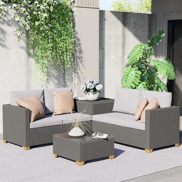 Alt view image 3 of 7 - Grand patio 4 Pieces Wicker Modular Sectional Sofa Set, Indoor & Outdoor Conversation Sets with Storage Box and Rattan Coffee Table for Livingroom Patio Backyard Garden, Light Gray