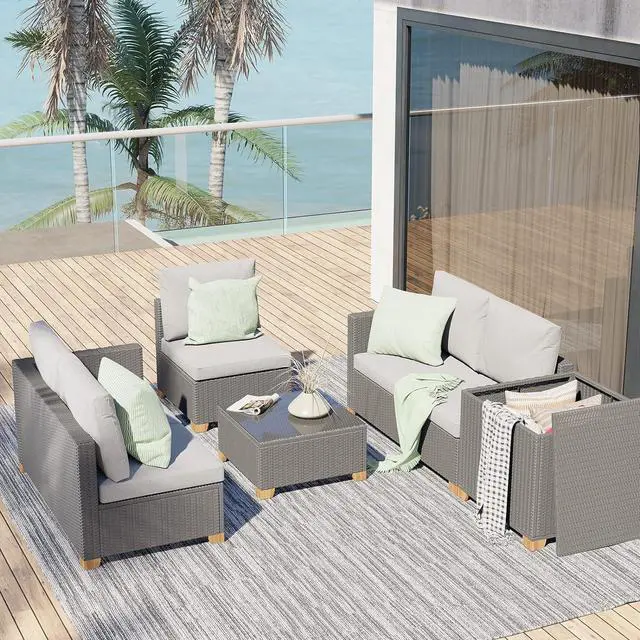 Main image of Grand patio 5 Pieces Wicker Modular Sectional Sofa Set, Modular Sectional Sofa Sets with Olefin Cushions and Storage Table for Backyard Garden Poolside Patio & Greige