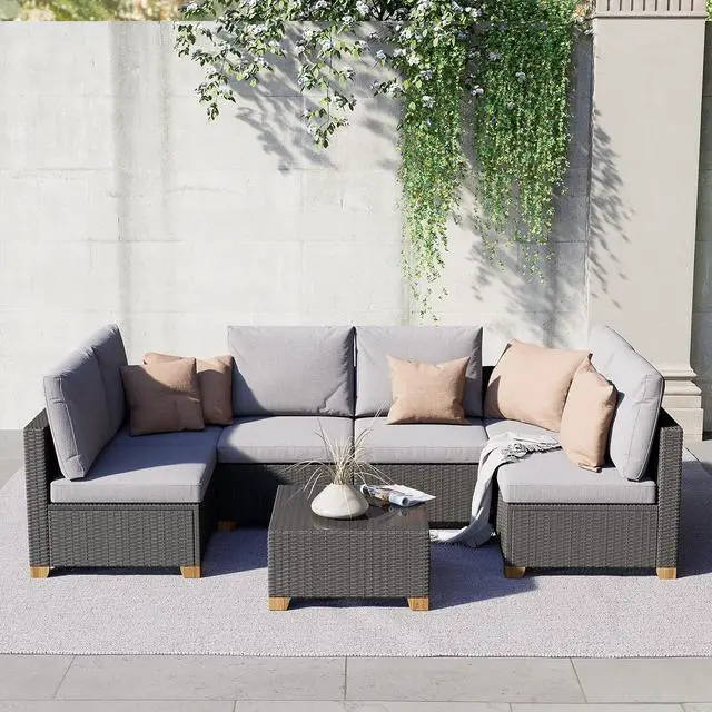 Alt view image 3 of 7 - Grand patio 5 Pieces Wicker Modular Sectional Sofa Set, 6 Seats Outdoor Conversation Sets with Olefin Cushions for Livingroom Backyard Garden Poolside