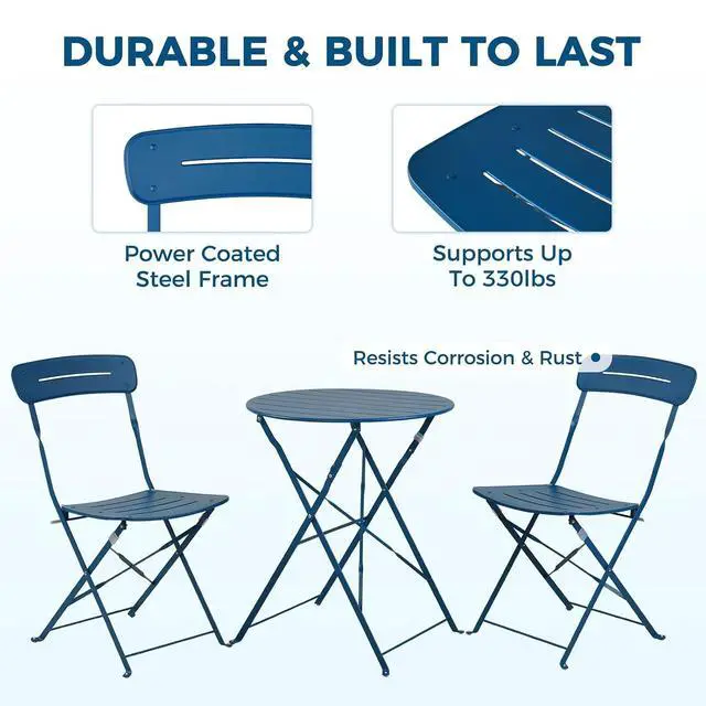 Alt view image 2 of 7 - Grand patio Outdoor Bistro Set, Metal Folding Chairs Set of 3, Patio Table and Chair Set for Balcony Bckyard Lawn (Blue)