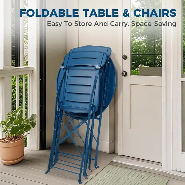 Alt view image 4 of 7 - Grand patio Outdoor Bistro Set, Metal Folding Chairs Set of 3, Patio Table and Chair Set for Balcony Bckyard Lawn (Blue)