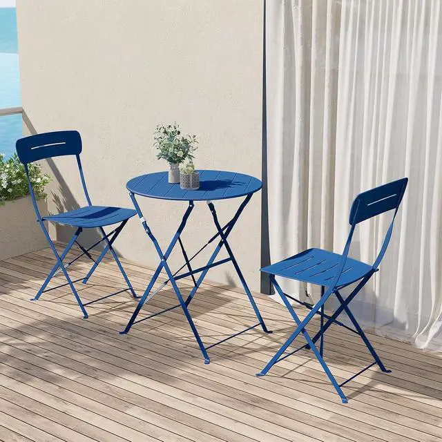 Alt view image 3 of 7 - Grand patio Outdoor Bistro Set, Metal Folding Chairs Set of 3, Patio Table and Chair Set for Balcony Bckyard Lawn (Blue)