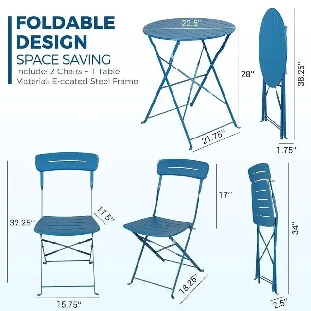 Alt view image 6 of 7 - Grand patio Outdoor Bistro Set, Metal Folding Chairs Set of 3, Patio Table and Chair Set for Balcony Bckyard Lawn (Blue)