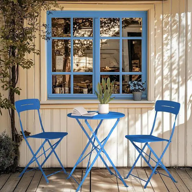 Alt view image 5 of 7 - Grand patio Outdoor Bistro Set, Metal Folding Chairs Set of 3, Patio Table and Chair Set for Balcony Bckyard Lawn (Blue)