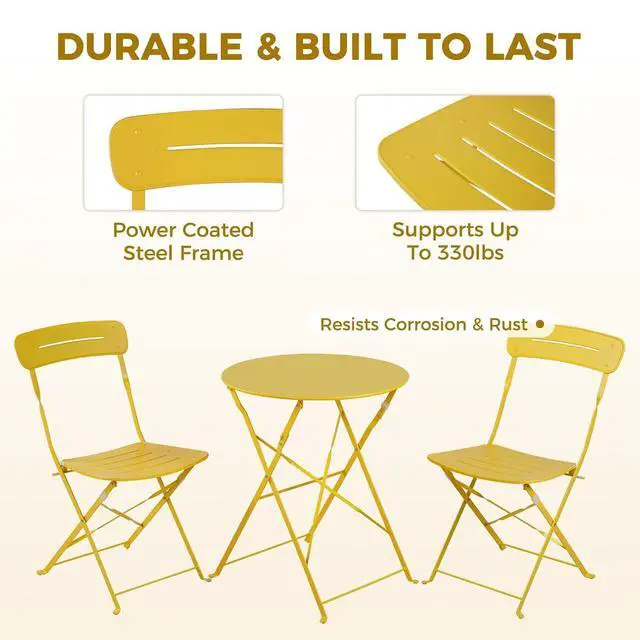 Alt view image 2 of 7 - Grand patio Outdoor Bistro Set, Metal Folding Chairs Set of 3, Patio Table and Chair Set for Balcony Bckyard Lawn (Yellow)