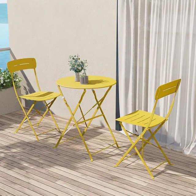 Alt view image 3 of 7 - Grand patio Outdoor Bistro Set, Metal Folding Chairs Set of 3, Patio Table and Chair Set for Balcony Bckyard Lawn (Yellow)