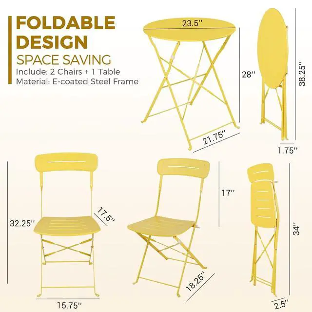 Alt view image 6 of 7 - Grand patio Outdoor Bistro Set, Metal Folding Chairs Set of 3, Patio Table and Chair Set for Balcony Bckyard Lawn (Yellow)