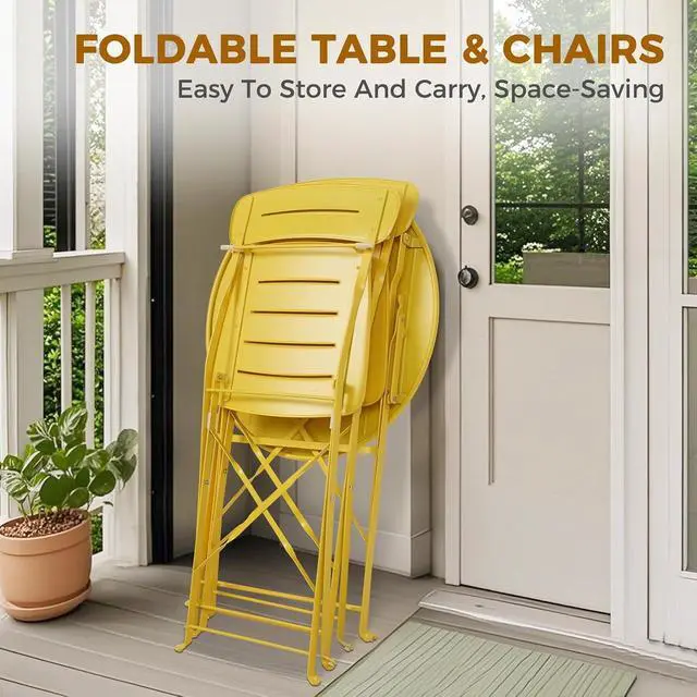 Alt view image 4 of 7 - Grand patio Outdoor Bistro Set, Metal Folding Chairs Set of 3, Patio Table and Chair Set for Balcony Bckyard Lawn (Yellow)