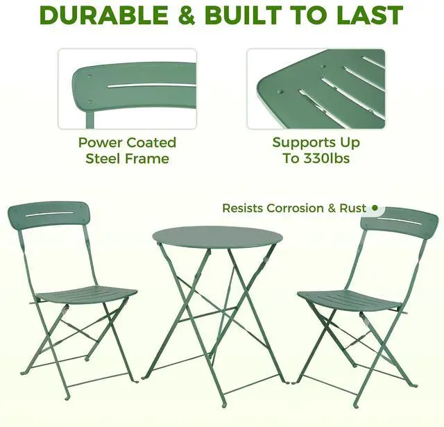 Alt view image 2 of 7 - Grand patio Outdoor Bistro Set, Metal Folding Chairs Set of 3, Patio Table and Chair Set for Balcony Bckyard Lawn (Sage Green)