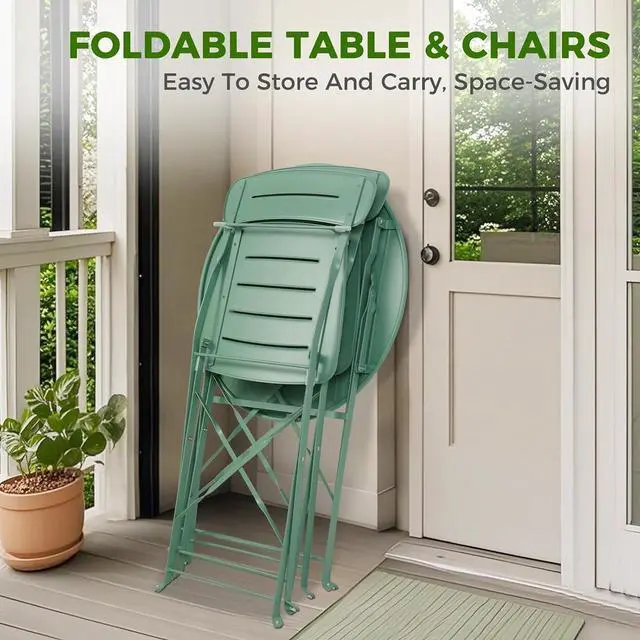 Alt view image 4 of 7 - Grand patio Outdoor Bistro Set, Metal Folding Chairs Set of 3, Patio Table and Chair Set for Balcony Bckyard Lawn (Sage Green)