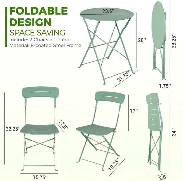Alt view image 6 of 7 - Grand patio Outdoor Bistro Set, Metal Folding Chairs Set of 3, Patio Table and Chair Set for Balcony Bckyard Lawn (Sage Green)