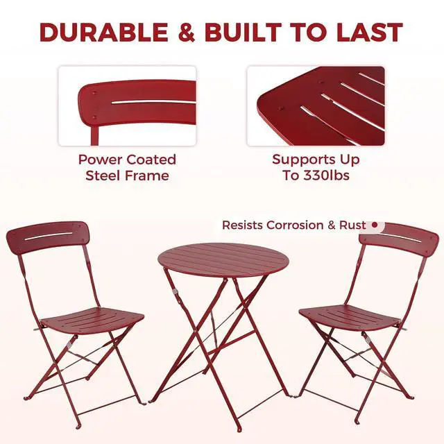 Alt view image 2 of 7 - Grand patio Outdoor Bistro Set, Metal Folding Chairs Set of 3, Patio Table and Chair Set for Balcony Bckyard Lawn (Red)