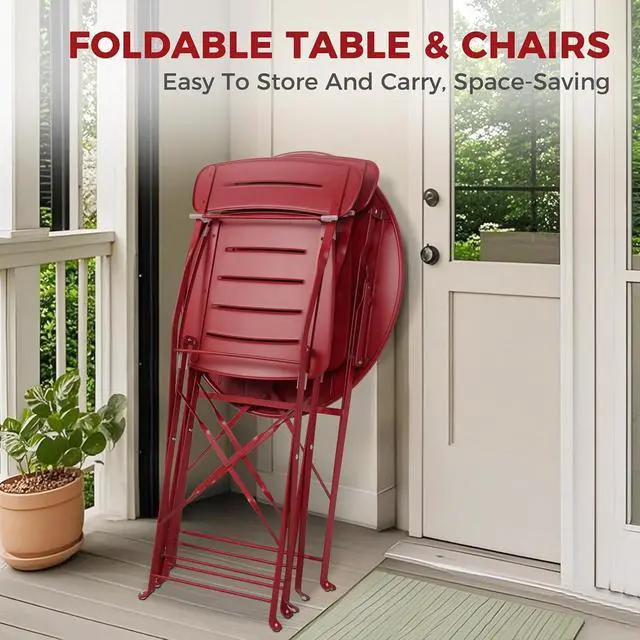 Alt view image 4 of 7 - Grand patio Outdoor Bistro Set, Metal Folding Chairs Set of 3, Patio Table and Chair Set for Balcony Bckyard Lawn (Red)