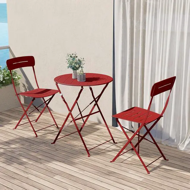 Alt view image 3 of 7 - Grand patio Outdoor Bistro Set, Metal Folding Chairs Set of 3, Patio Table and Chair Set for Balcony Bckyard Lawn (Red)