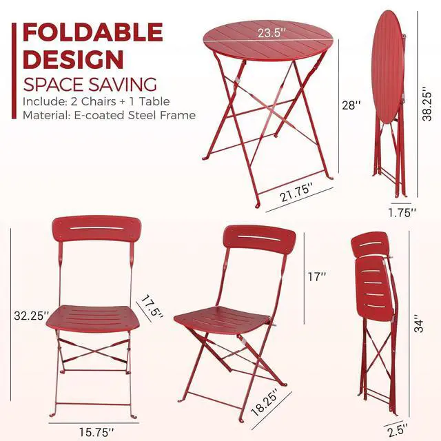 Alt view image 6 of 7 - Grand patio Outdoor Bistro Set, Metal Folding Chairs Set of 3, Patio Table and Chair Set for Balcony Bckyard Lawn (Red)