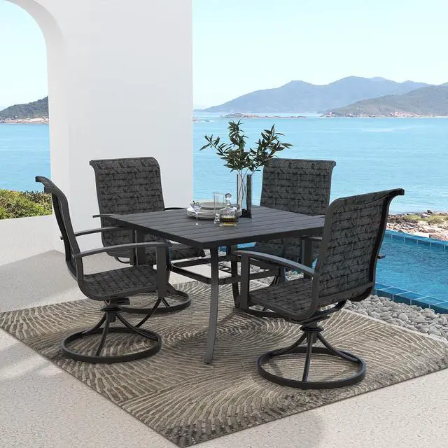 Main image of Grand patio Outdoor Dining Set of 5, Outdoor Table and Chairs Set, 4 Padded Mesh Sling Swivel Rocker Patio Chair & 36'' x36'' Square Dining Table(1.5'' Umbrella Hole), Black & Grey Plaid