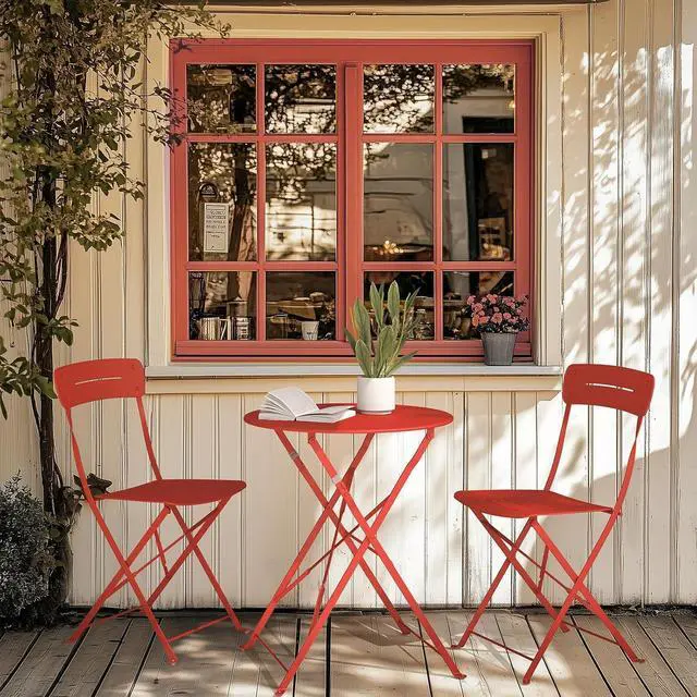 Alt view image 5 of 7 - Grand patio Outdoor Bistro Set, Metal Folding Chairs Set of 3, Patio Table and Chair Set for Balcony Bckyard Lawn (Red)