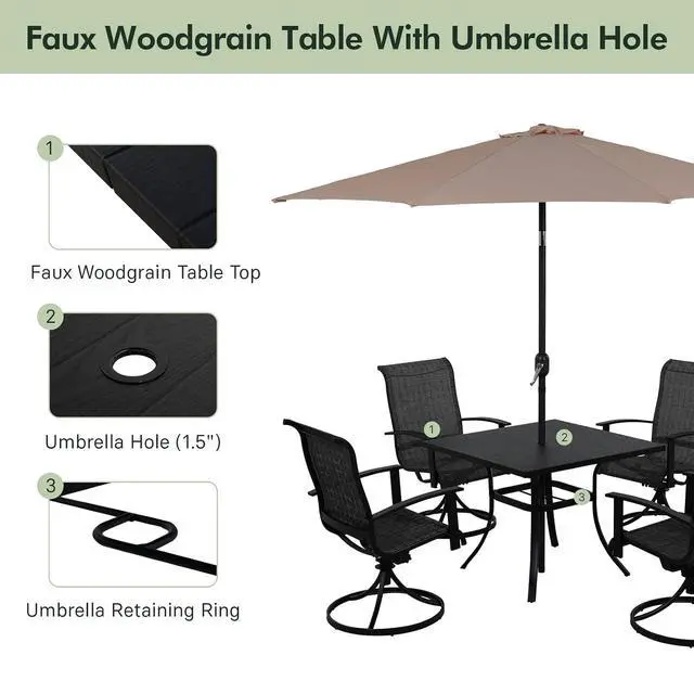 Alt view image 3 of 7 - Grand patio Outdoor Dining Set of 5, Outdoor Table and Chairs Set, 4 Padded Mesh Sling Swivel Rocker Patio Chair & 36'' x36'' Square Dining Table(1.5'' Umbrella Hole), Black & Grey Plaid