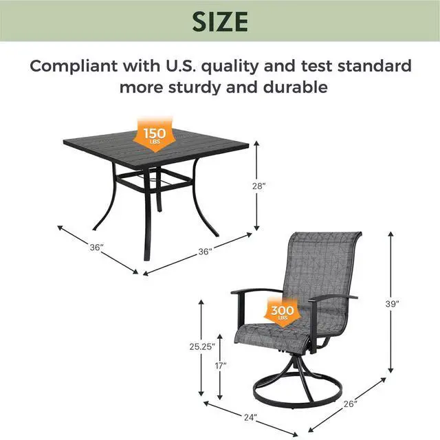 Alt view image 5 of 7 - Grand patio Outdoor Dining Set of 5, Outdoor Table and Chairs Set, 4 Padded Mesh Sling Swivel Rocker Patio Chair & 36'' x36'' Square Dining Table(1.5'' Umbrella Hole), Black & Grey Plaid