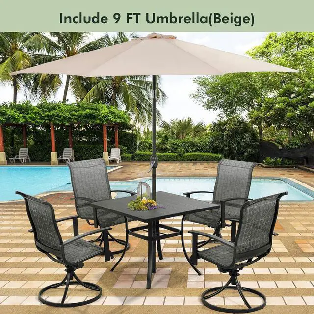 Alt view image 2 of 7 - Grand patio Outdoor Dining Set of 5, Outdoor Table and Chairs Set, 4 Padded Mesh Sling Swivel Rocker Patio Chair & 36'' x36'' Square Dining Table(1.5'' Umbrella Hole), Black & Grey Plaid