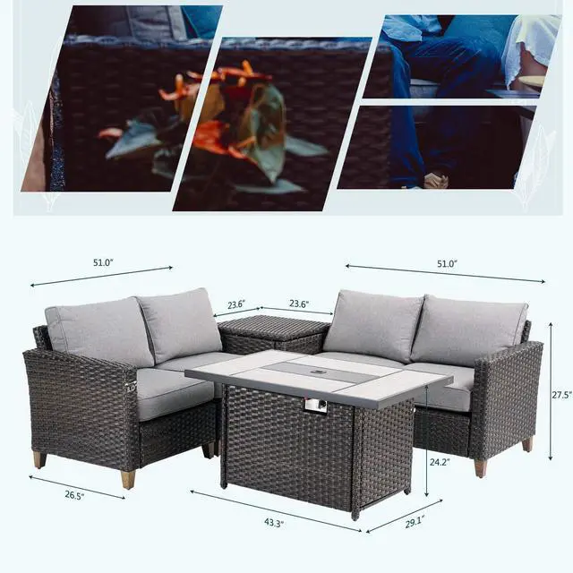 Alt view image 2 of 6 - Grand patio 6-Piece Outdoor Furniture Set with Gas Fire Pit Table, Patio Sectional Conversation Sofa Set with Wicker Detachable Cushion for Yard, Garden, Porch
