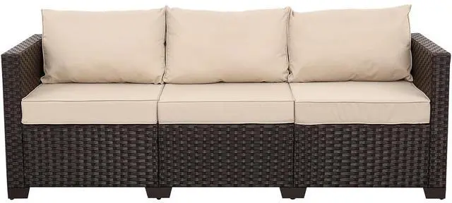 Main image of WAROOM Patio Couch PE Rattan 3-Seat Outdoor Sofa Brown Wicker Furniture Set Deep Seating with Anti-Slip Beige Cushion