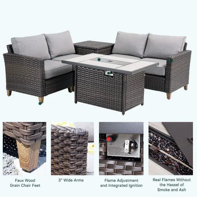 Alt view image 6 of 6 - Grand patio 6-Piece Outdoor Furniture Set with Gas Fire Pit Table, Patio Sectional Conversation Sofa Set with Wicker Detachable Cushion for Yard, Garden, Porch