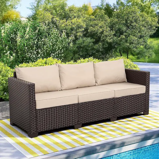 Alt view image 2 of 7 - WAROOM Patio Couch PE Rattan 3-Seat Outdoor Sofa Brown Wicker Furniture Set Deep Seating with Anti-Slip Beige Cushion