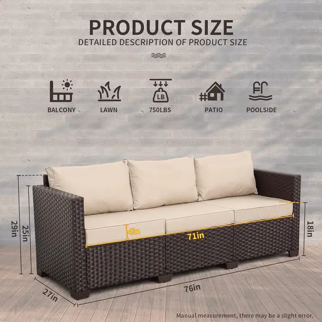Alt view image 3 of 7 - WAROOM Patio Couch PE Rattan 3-Seat Outdoor Sofa Brown Wicker Furniture Set Deep Seating with Anti-Slip Beige Cushion