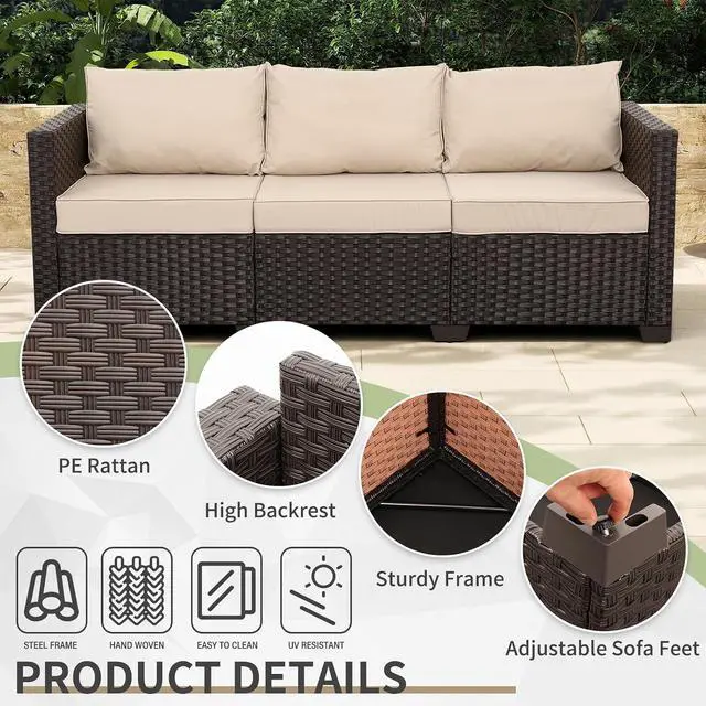 Alt view image 4 of 7 - WAROOM Patio Couch PE Rattan 3-Seat Outdoor Sofa Brown Wicker Furniture Set Deep Seating with Anti-Slip Beige Cushion