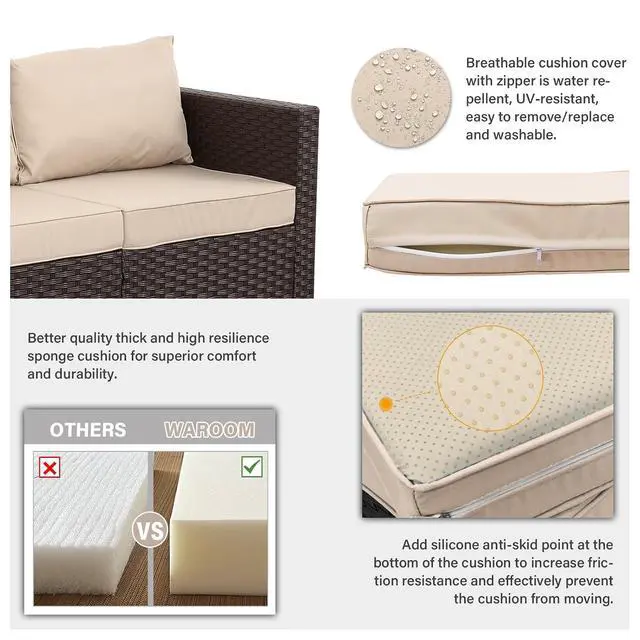 Alt view image 6 of 7 - WAROOM Patio Couch PE Rattan 3-Seat Outdoor Sofa Brown Wicker Furniture Set Deep Seating with Anti-Slip Beige Cushion