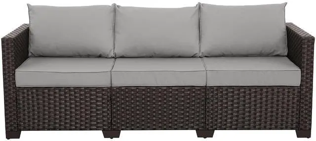 Main image of WAROOM Patio Couch PE Rattan 3-Seat Outdoor Sofa Brown Wicker Furniture Set Deep Seating with Anti-Slip Grey Cushion