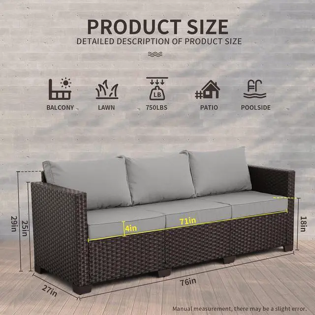 Alt view image 3 of 7 - WAROOM Patio Couch PE Rattan 3-Seat Outdoor Sofa Brown Wicker Furniture Set Deep Seating with Anti-Slip Grey Cushion