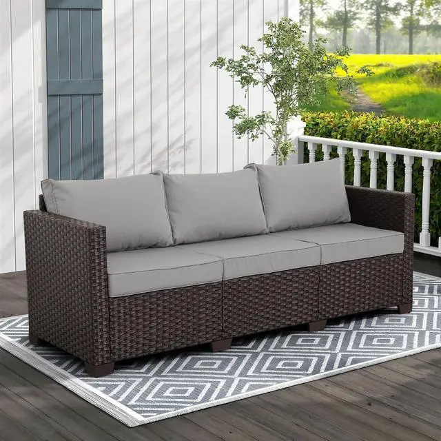 Alt view image 2 of 7 - WAROOM Patio Couch PE Rattan 3-Seat Outdoor Sofa Brown Wicker Furniture Set Deep Seating with Anti-Slip Grey Cushion